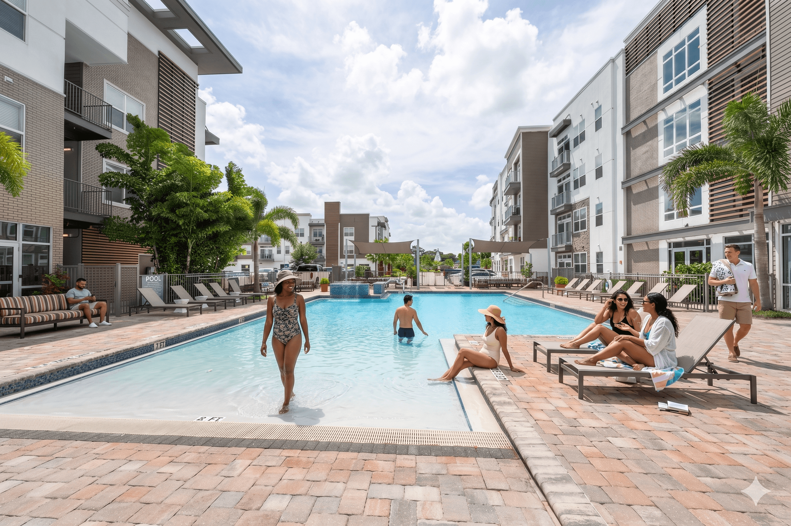 People are enjoying the outdoor pool area of a residential building.